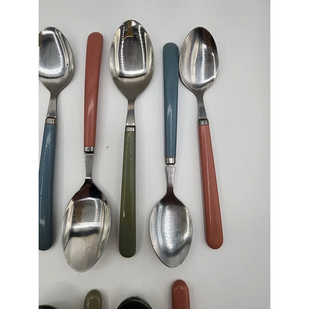 Vintage Flatware Set Stainless Steel Pink Blue Green MCM Colorful  Handles